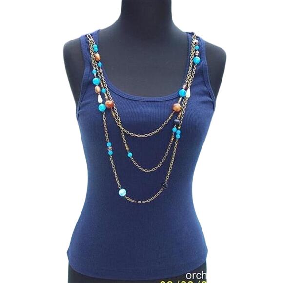 Cache Navy Stretch Cami Tee Top Removable Chain Bead Necklace Lot 2 New  $88 NWT - Picture 4 of 9